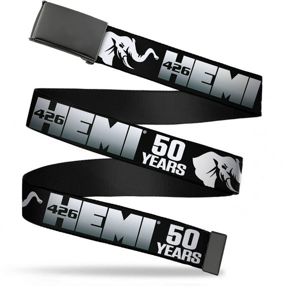 Adjustable Belt, Clamp Buckle, Cut-to-Fit, Hemi 426 Elephant Logo 50 Years Black White Silver Fade