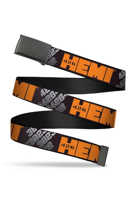 Adjustable Belt, Clamp Buckle, Cut-to-Fit, Hemi 426 Logo 392 426 Black Orange Silver Fade