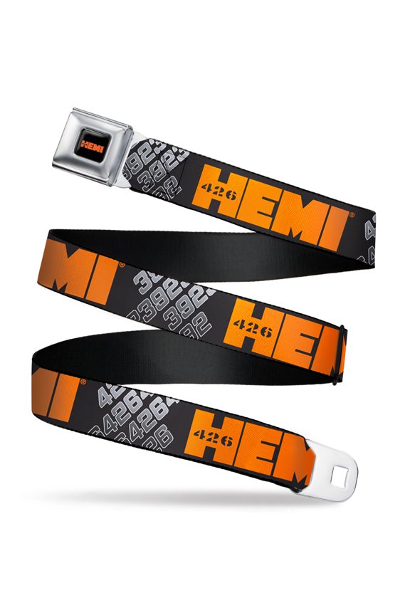 Hemi Belt, Seatbelt Buckle Belt, Hemi 426 Logo 392 426 Black Orange Silver Fade, 30 to 44 Inches