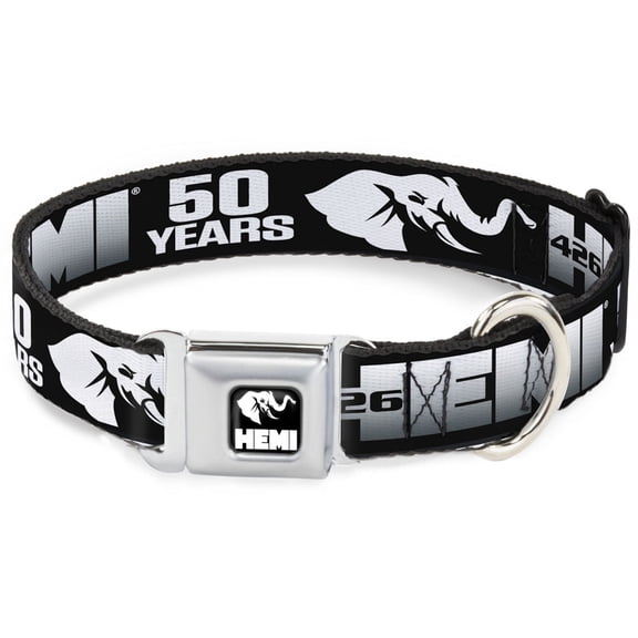 Hemi Pet Collar, Dog Collar Metal Seatbelt Buckle, Hemi 426 Elephant Logo 50 Years Black White Silver Fade, 15 to 24 Inches 1.0 Inch Wide