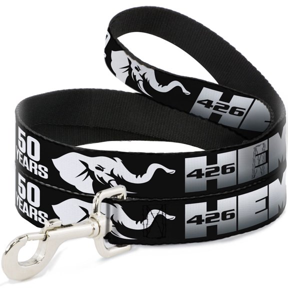 Hemi Pet Leash, Dog Leash, Hemi 426 Elephant Logo 50 Years Black White Silver Fade, 4 Feet Long 1.0 Inch Wide