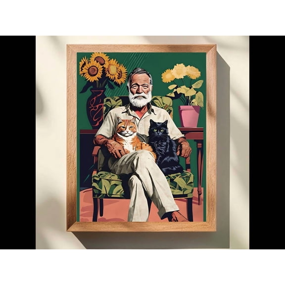 Hemingway Cats Wall Art, Colorful Ernest Hemingway With Polydactyl Cats – Literary Wall Art For Writers, Cat Lovers, And Key West Decor Unframed Paper Print