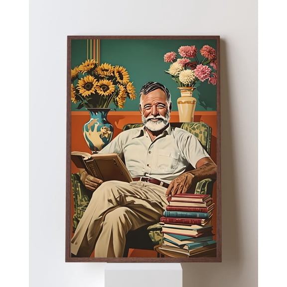 Hemingway Reading A Book Retro Wall Art, Vintage Book Lover Poster For Home Library Or Reading Nook – Classic Literature Decor, Stretched Canvas Size 16x24