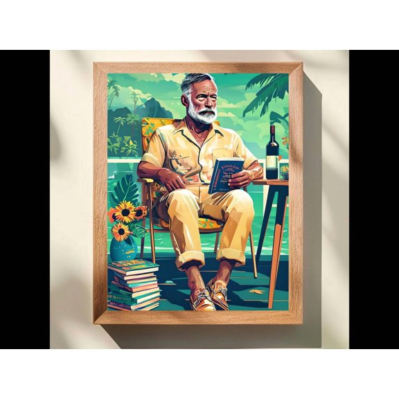 Hemingway Tropical Reading , Waterfront Home Wall Art, For Book Lovers, Coastal Wall Unframed Paper Print