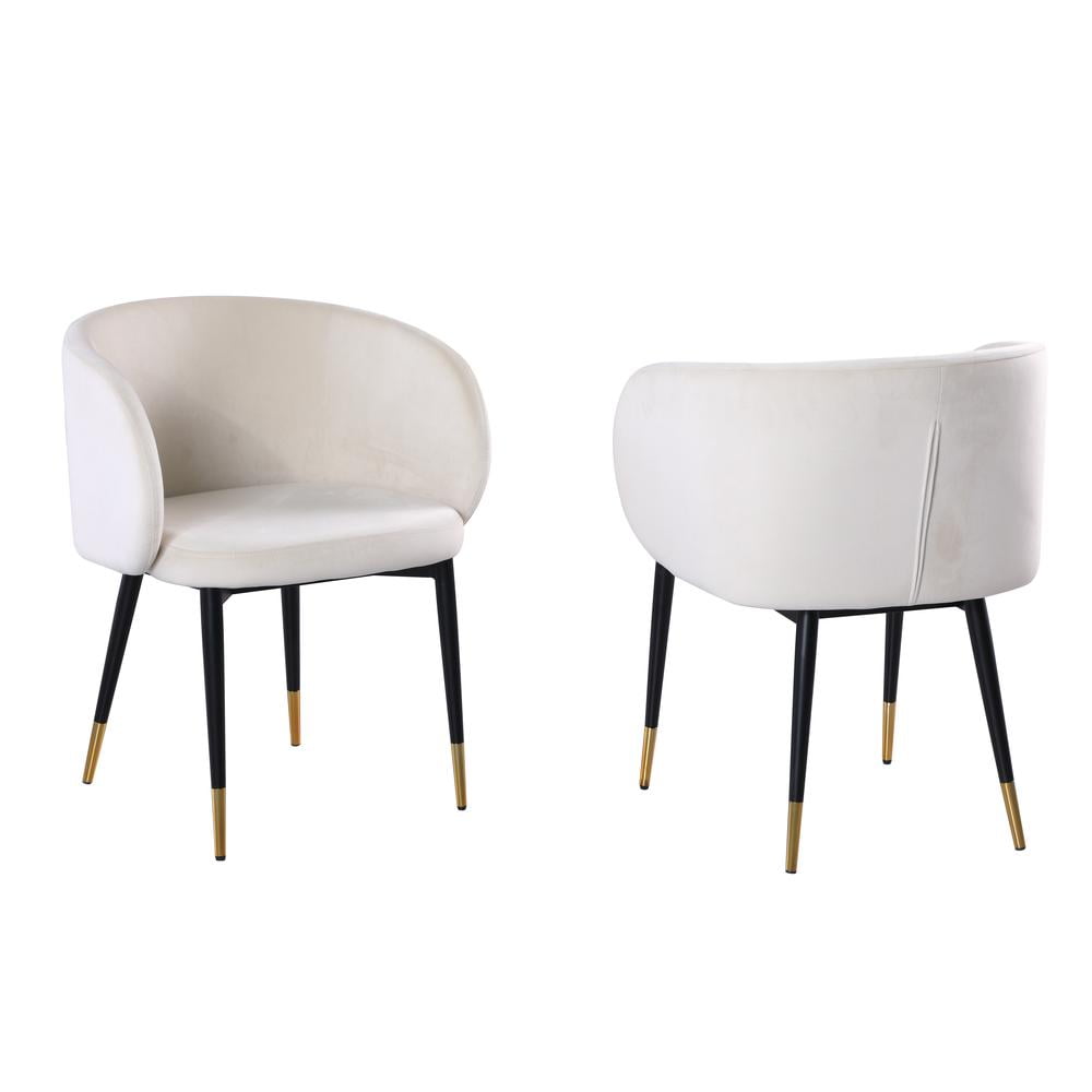 Cream Velvet Upholstered Side Chair with Black and Gold Legs