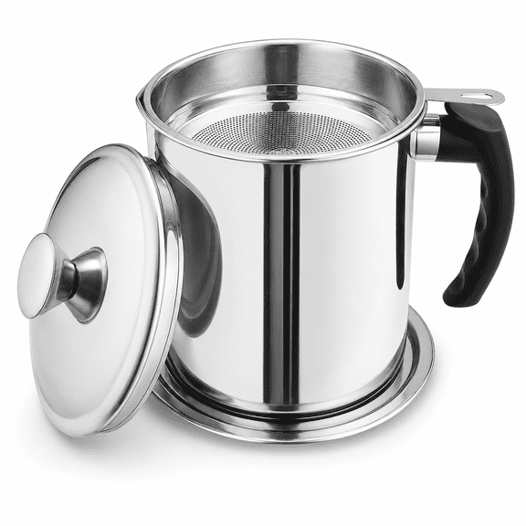 Hemivara Stainless Steel Bacon Grease Container with Fine Mesh Strainer, Lid, Tray, Oil Storage Can with Pour Spout, Grease Keeper, 1 Pc