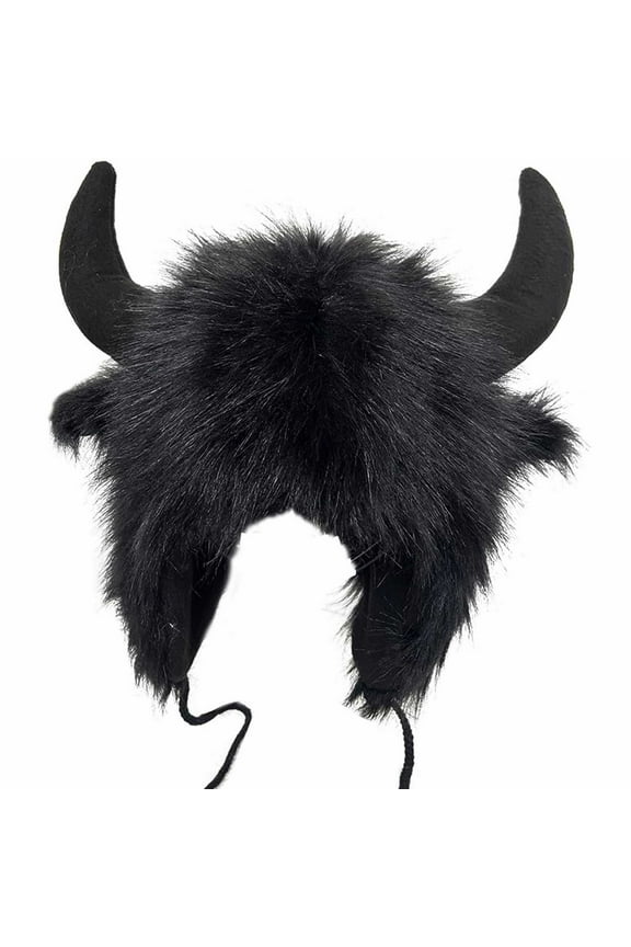 Buffalo Hat With Horns Furry Earmuff Winter Hats Buffalo Face Fluffy Ear Headwear Earflap Hat