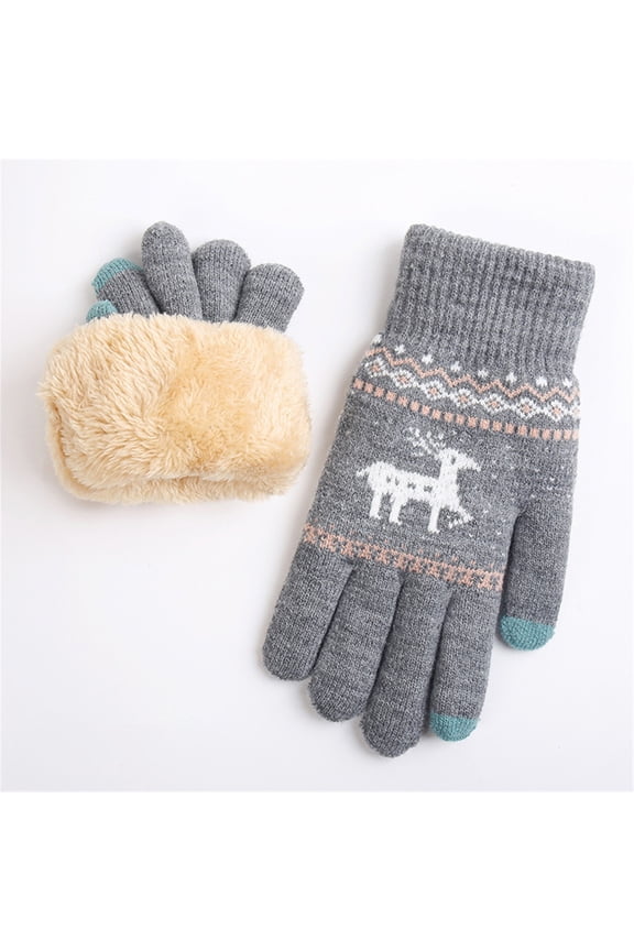 Christmas Gloves for Women, Winter Fawn Gloves Women's Knitted Plus Velvet Thickened Autumn and Winter Warm Pattern Gloves (Adult Gloves), Gray