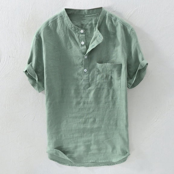 Hemlock Mens Summer Tops Linen Short Sleeve Button Up Workout Plus Size Dress Shirts,New Linen Fashion Blouse, Green 4XL