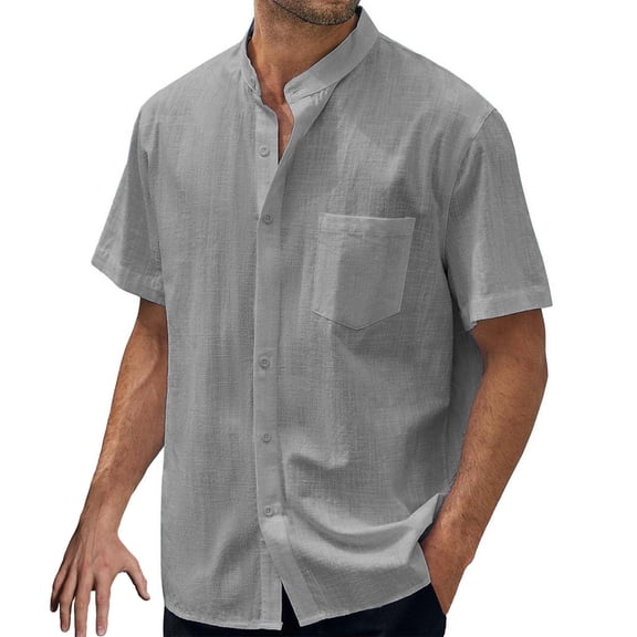 Hemlock Mens Summer Tops Linen Short Sleeve Button Up Workout T Plus Size Shirts,Fashion Spring And Casual Lapel Cotton Pocket Shirt Men's Breathable, Gray XL
