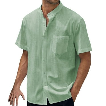 Hemlock Mens Summer Tops Linen Short Sleeve Button Up Workout T Plus Size Shirts,Fashion Spring And Casual Lapel Cotton Pocket Shirt Men's Breathable, Green XL