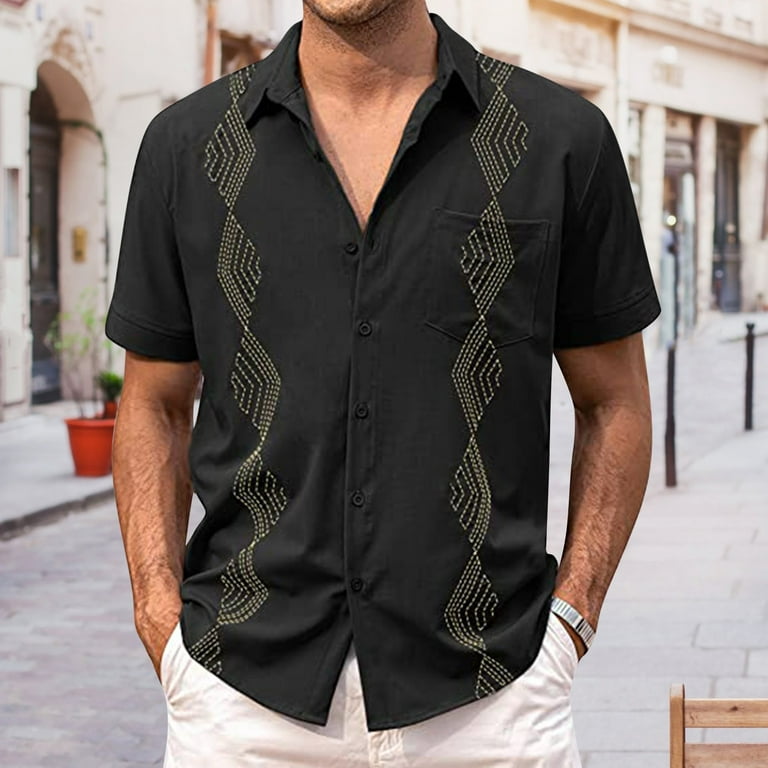 Hemlock Mens Summer Tops Short Sleeve Tshirts Workout Button Up Shirts Casual Loose Beach Embroidered Shirt Black L Walmart