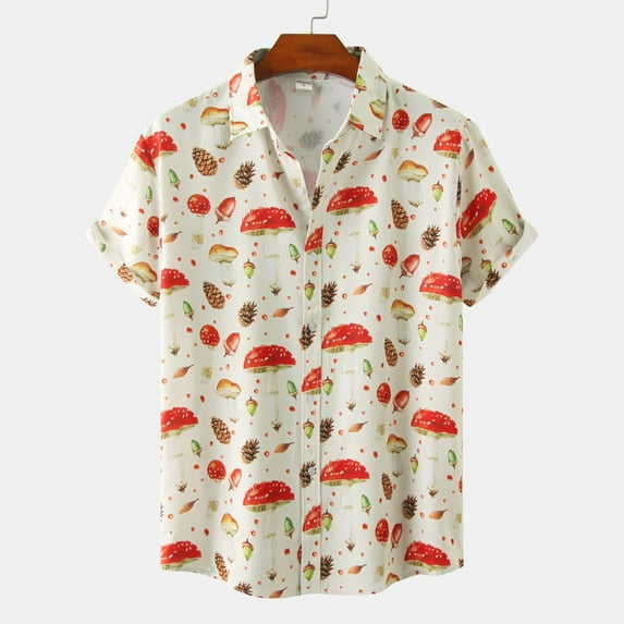 Hemlock Mens Summer Tops Short Sleeve Tshirts Workout Button Up Shirts,Male Casual Mushroom Printed Shirt Turn Down Collar, Red 3XL