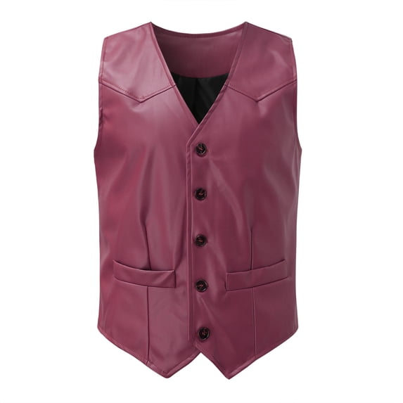 Hemlock Vest Tops for Men, Men's Retro V Neck Solid Color Pocket with Button Leather Vest, Red XXL