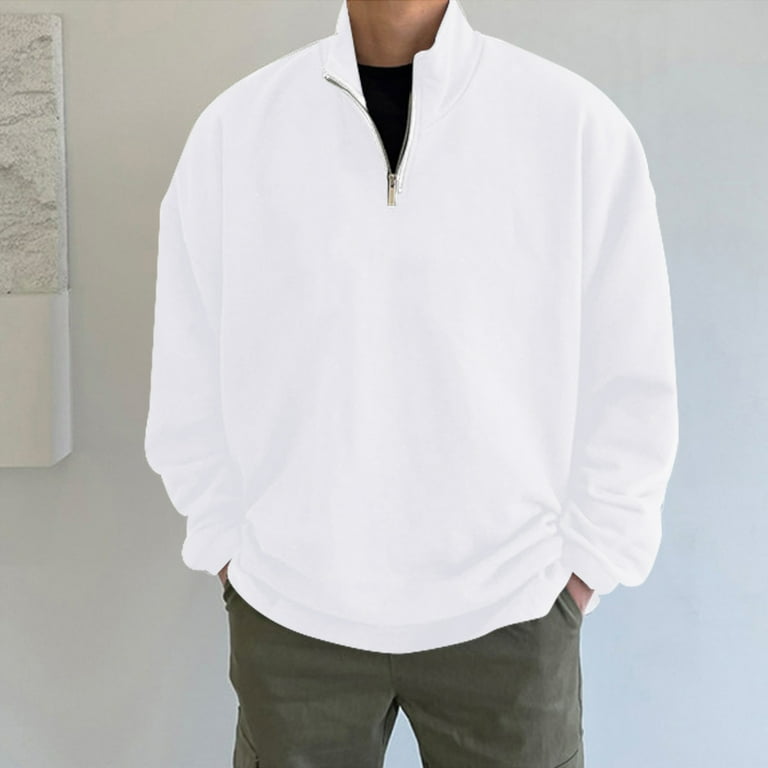 Hemlock White Mens Sweatshirts Loose Fit Solid Color Zip-Up