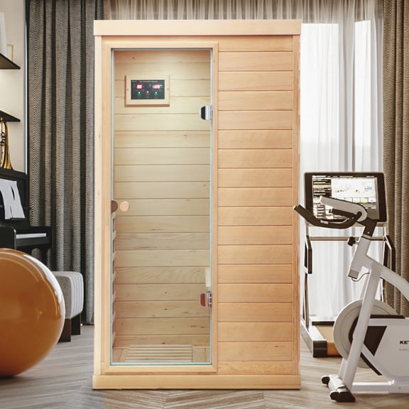 Hemlock Wood Mini 1-Person Far Infrared Indoor Sauna - Left Side Door Design, Home Spa Sauna Room
