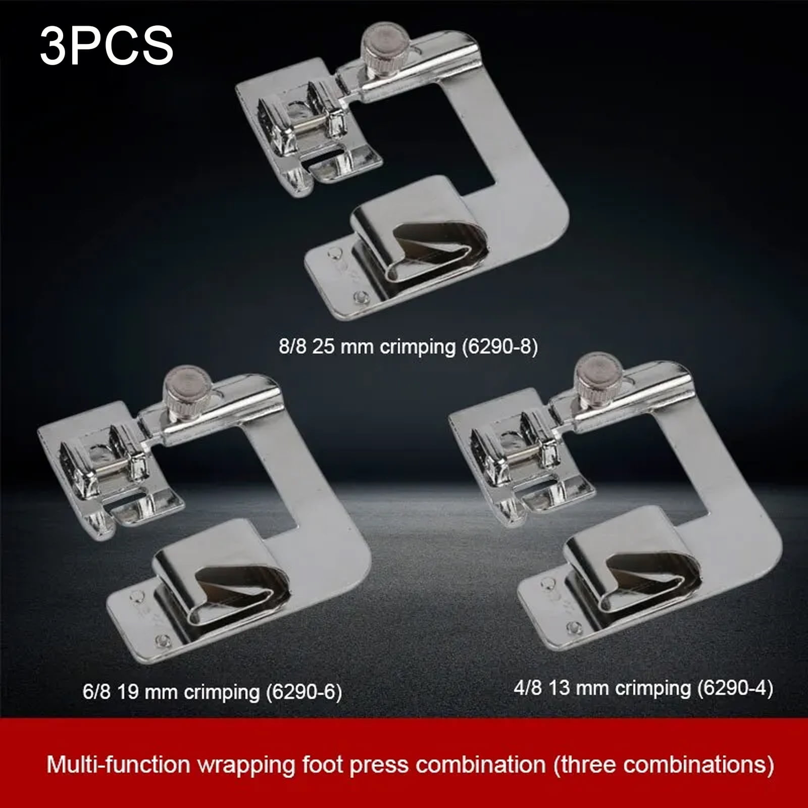 Hemming Foot Set 3piece wide hemming foot set includes 1/2", 3/4" and 1" presser feet