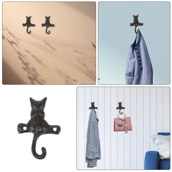 Hemobllo 4PCS Metal Cats Hanger Hooks Black Wrought Iron Cat Shape for Organizing Hats and Bags