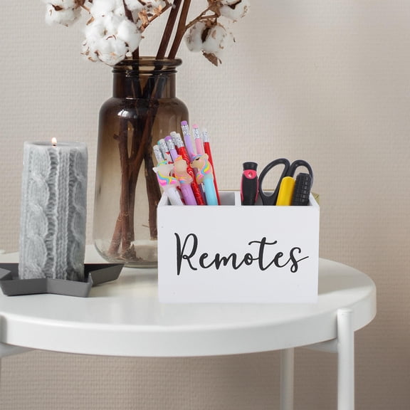 Hemobllo White Wooden TV Remote Holder and Media Storage Box with Multiple Compartments