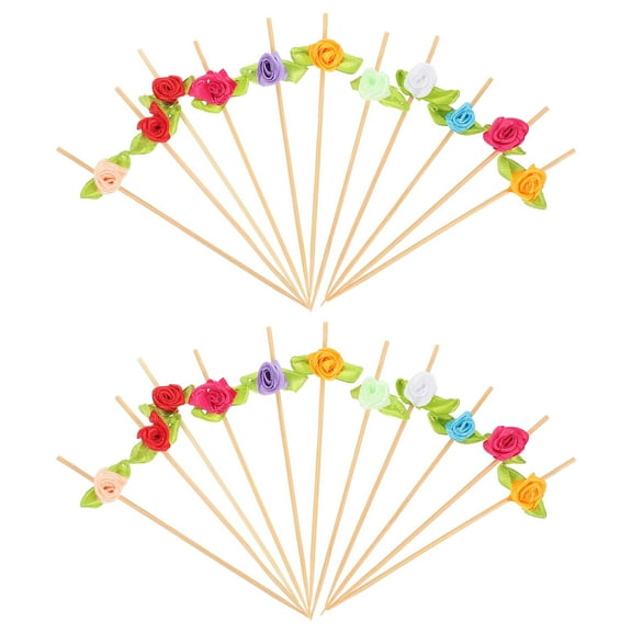 Hemoton 100Pcs Rose Cocktail Picks Flower Bamboo Cocktail Skewer Sticks Fancy Toothpicks for Appetizers
