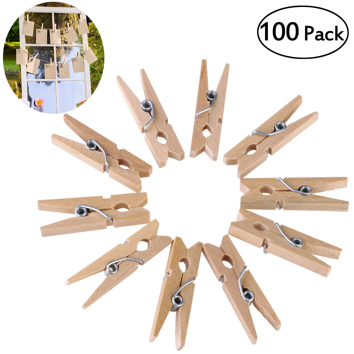 100 Pack Large Wooden Clothes Pins for Laundry with Metal Spring and  Heavy-Duty
