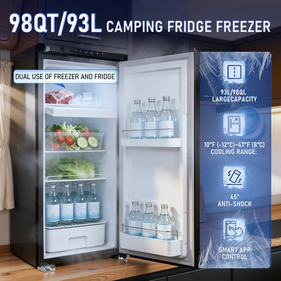 Hemoton 12V RV Refrigerator, 93L (3.28cu.ft) Dual Zone Fridge Freezer with APP Control, 12/24V DC Travel Compressor Cooler for Camper Motorhome Truck Boat