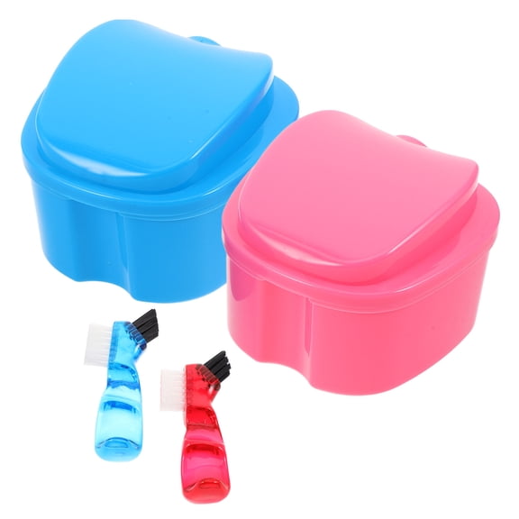 Hemoton 2 Sets Partial Dentures Case With Strainer Basket And Brush Waterproof Dentures Cup Retainer Cleaning Bath Case Travel For Braces