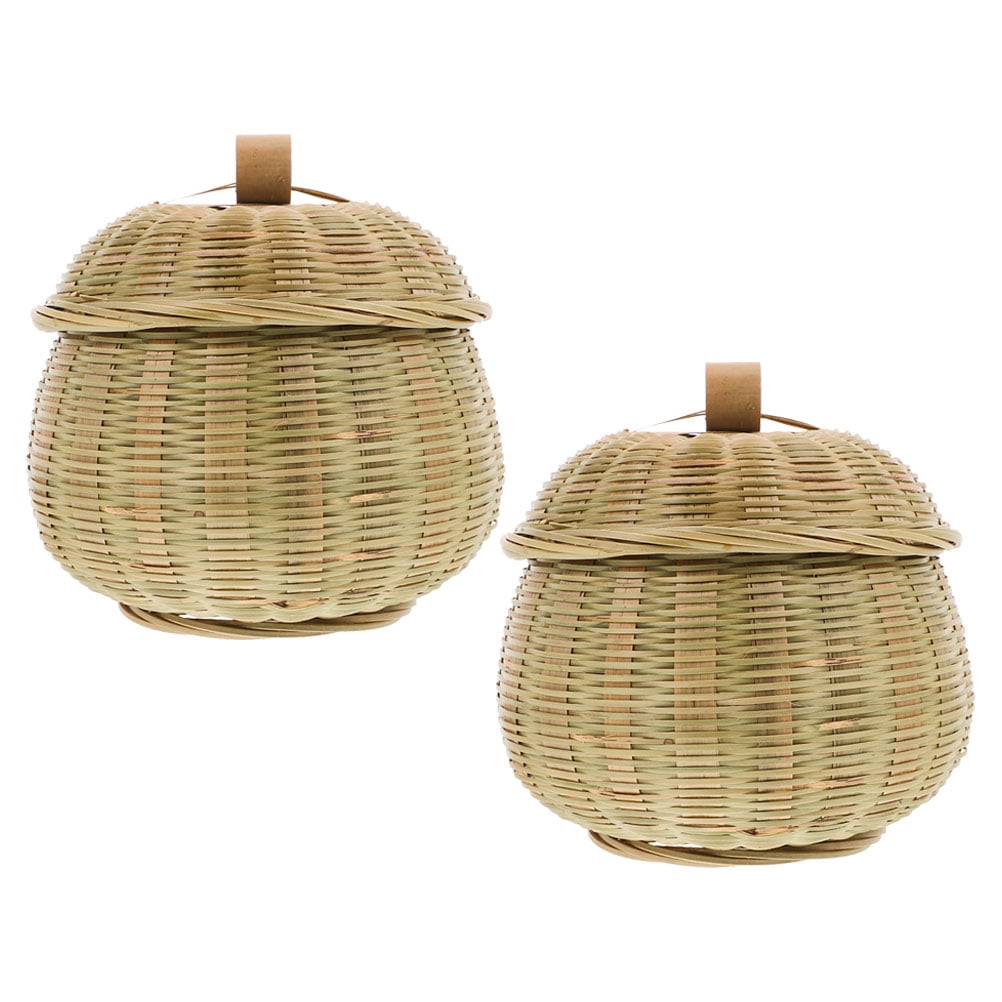 Natural Hand-Woven Wicker Round Storage Baskets with Lids, Set of 2
