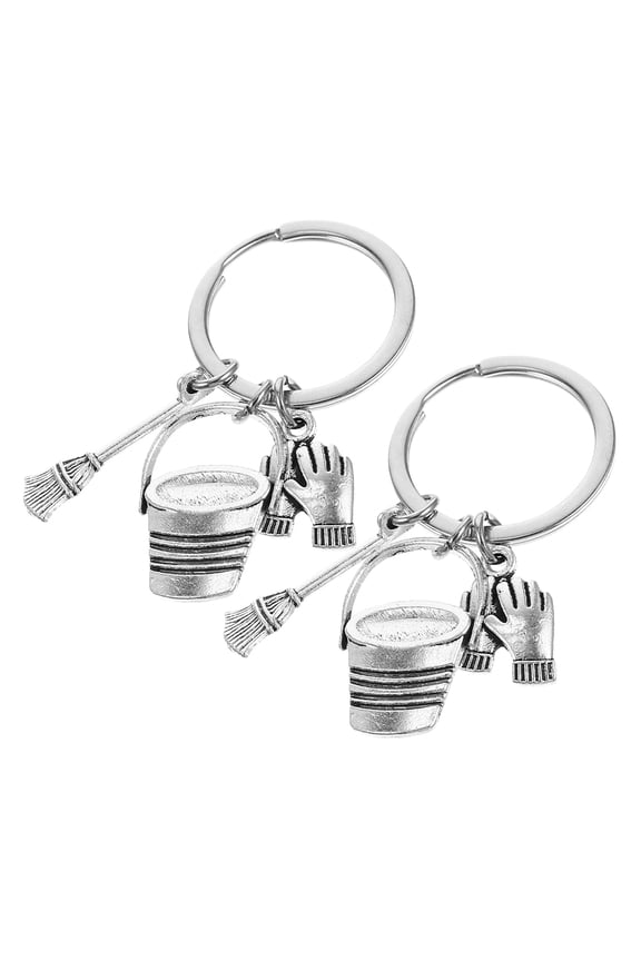 2pcs Cleaning Keyring Hotel Staff Keychain Housekeeping Pendant Bag Chains Metal Bucket Broom Key Rings For Janitorial Staff Handbags Charms