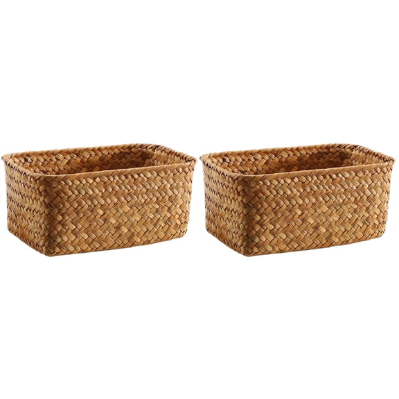 Hemoton 2pcs Hand Woven Seagrass Storage Basket Desktop Decorative Basket for Sundries Stationery Toy