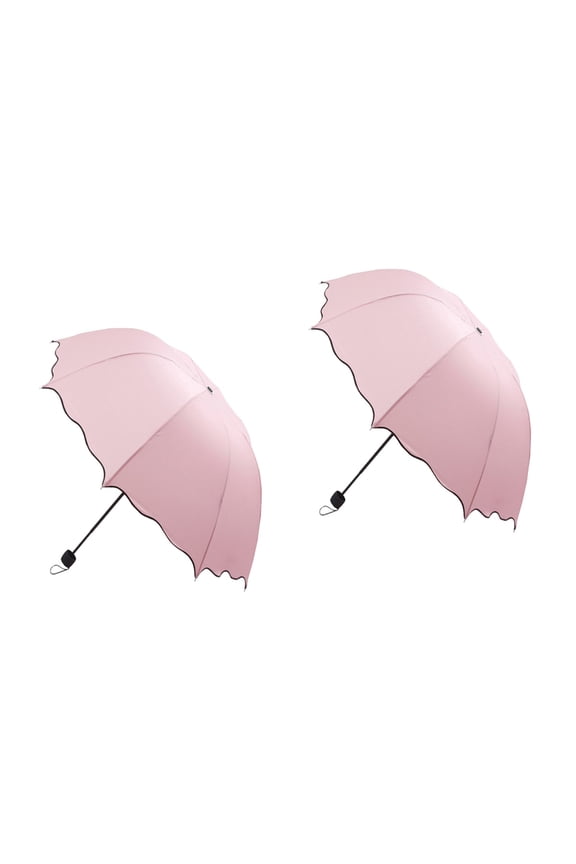 2pcs Triple Folding Dome Ruffled Parasol Sun Rain Umbrella Anti-UV Parasol (Pink)