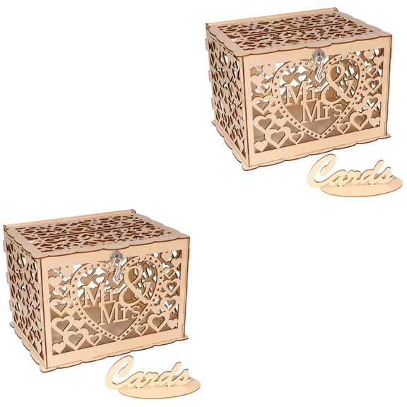 Hemoton 2pcs Wedding Sign-in Box with Lock Hollow out Case Box Wooden Name Holder (Large Size, 6)