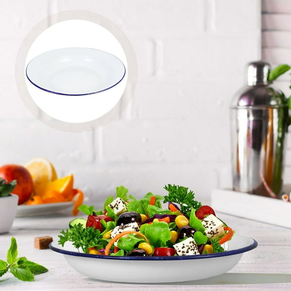 Hemoton 4pcs Enamel Dinner Plates for Pizza Salad and Appetizers Enamelware Round Plates with Rim Household Food Serving Shallow Bowl