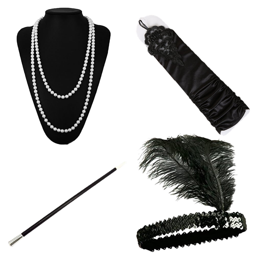 Hemoton 4pcs Women's Vintage Headbands Necklace Cigarette Holder Long Gloves  Set for Party(Black)