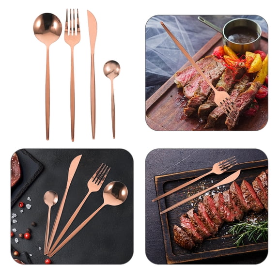 HEMOTON Rose Gold Stainless Steel Food Set for Home Use Complete Dinnerware Kit with Forks and Spoons 6 Sets