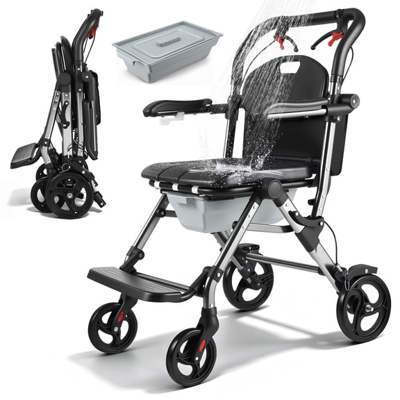 Hemoton Bedside Commode Chair with Wheels, 350 lbs Capacity,3-in-1 Portable Toilet and Raised Toilet Seat with Padded Seat/Backrest/Footrest,Detachable 7L Bucket,Shower Wheelchair for Seniors
