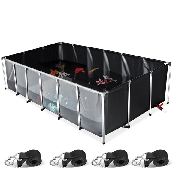 Hemoton Canvas Fish Pond, 750 Gal Above Ground Fish Pond, PVC Koi Tank with Clear Viewing Panel, Rectangular Goldfish Tank with Stainless Steel Frame & Drain Valve, for Breeding Koi, Irrigation