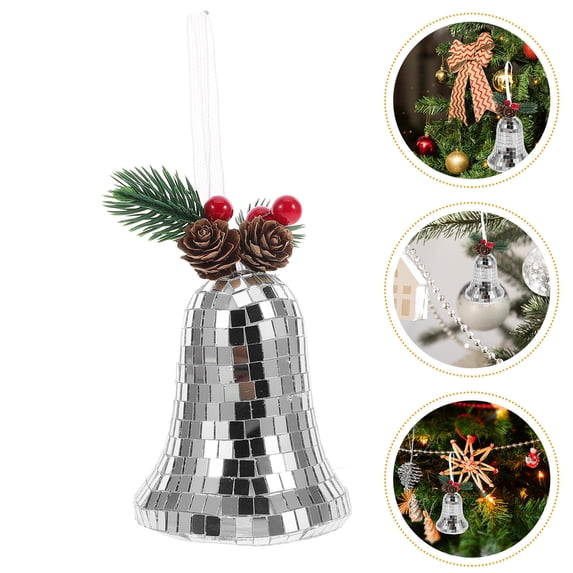 HEMOTON Silver Disco Bell Ornaments for Decoration with Unique Mirror Glass Design and Hanging Cord, 3.5 inches