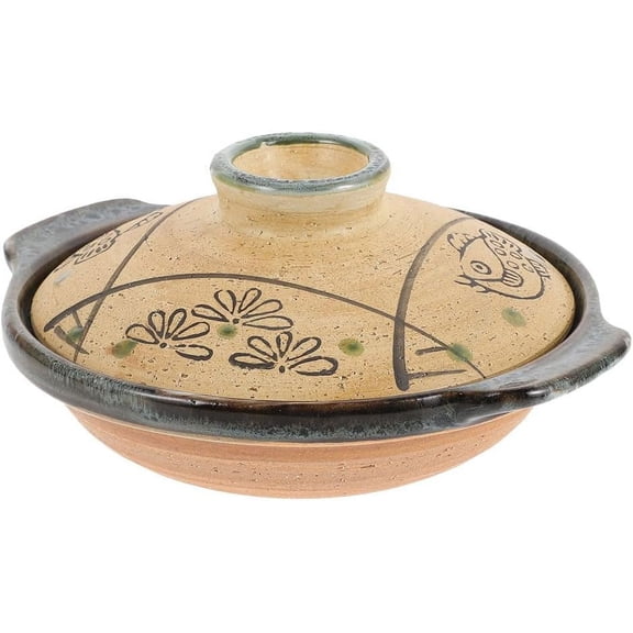 Hemoton Japanese Ceramic Donabe Pot, 7.99 Inch Brown Clay Casserole with Lid, Heat-Resistant Stew Pot for Soup, Rice, and Braised Dishes, Fish Grass Pattern for Home Cooking