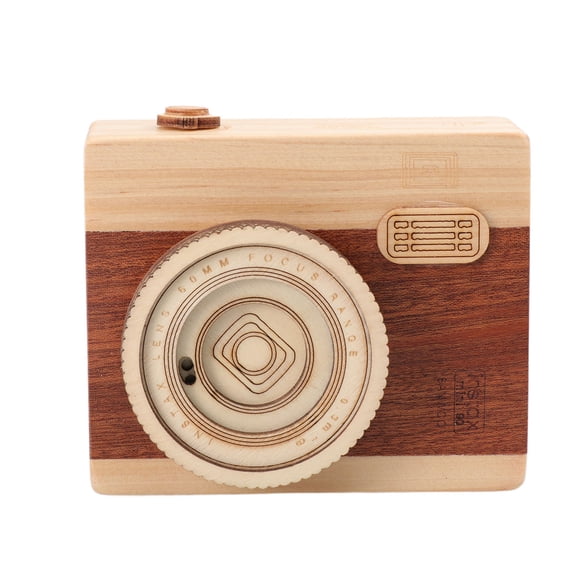 SOPOTUTU Charming Khaki Wood Camera Music Box Ornament Ideal for Home Decoration and Collection