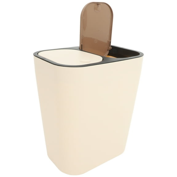 Hemoton Slim Trash Can Double Compartment Waste Basket With Lid For Kitchen Bathroom And Office Press Top Garbage Bin For Recycling Trash Khaki