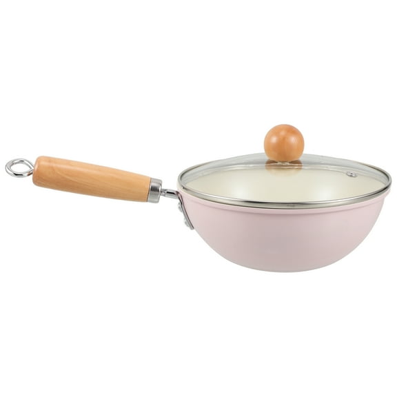 Hemoton Small Iron Wok with Nonstick Coating and Wooden Handle Deep Frying Ceramic Coating Cookware for Gas Stoves Induction Cooktops