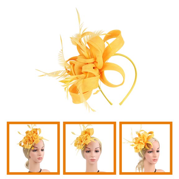 DEEPCRAFF Tea Party Hat Yellow Cloth Plume Women Horse Racing Events 1Set 9.1x7.1x3.1in