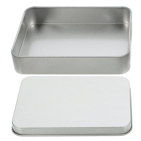 HEMOTON Rectangular Tin Box with Lid Durable Tinplate Storage Container Silver Color Ideal for Travel and Home Use 7.5 x 5.2 x 3.1 Inches