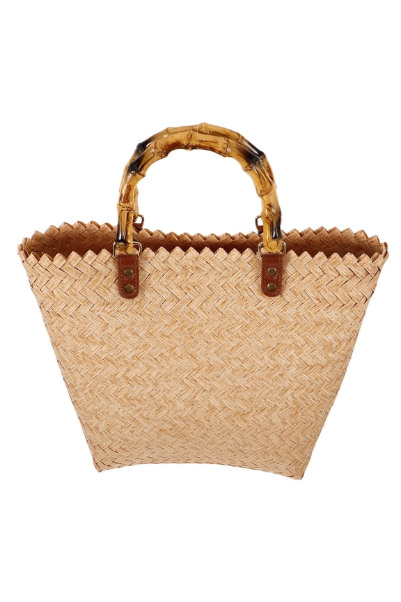 Beige PVC Woven Tote Bag with Rattan Handle, Vintage French Style Storage Handbag, and Stylish