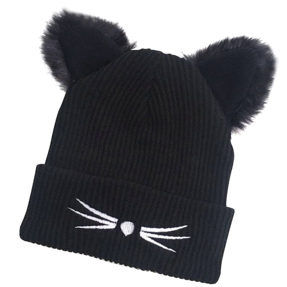 Hemoton Women's Winter Hat Cat Ear Crochet Braided Knit Caps with Double Pom Pom Cat Ears for Women Girls (Black)