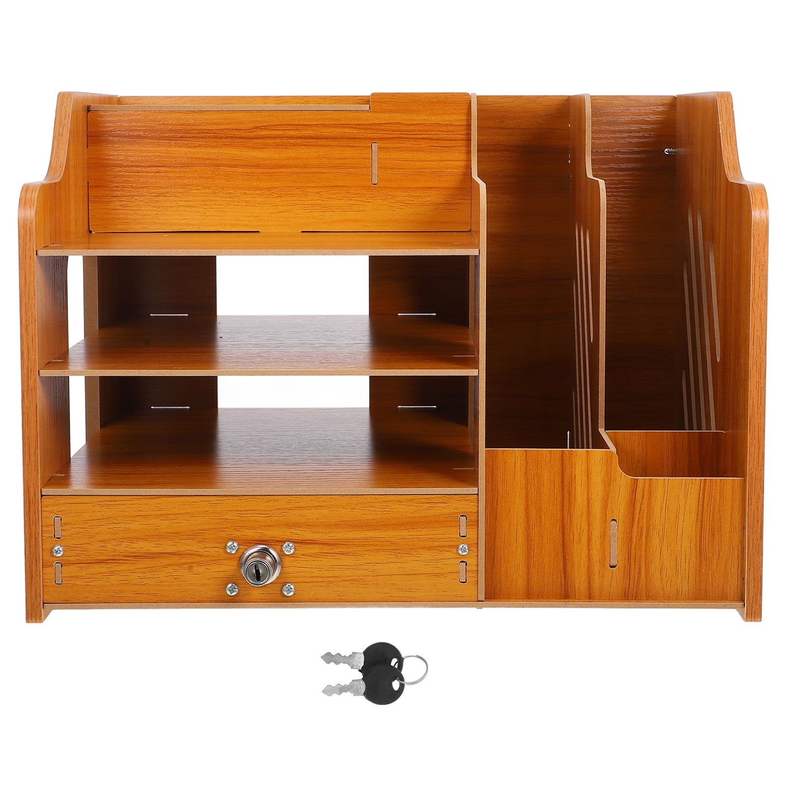 Hemoton Wooden Desk Organizer With Lockable Drawer Desktop Bookshelf ...