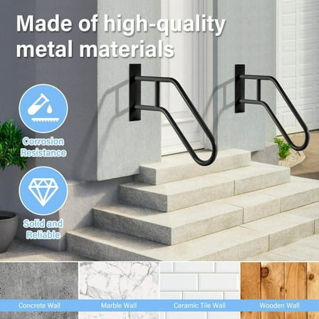 Hemousy 1 Pair Outdoor U-Shaped Iron Step Handrail with Installation Kit for Front Door Stairs