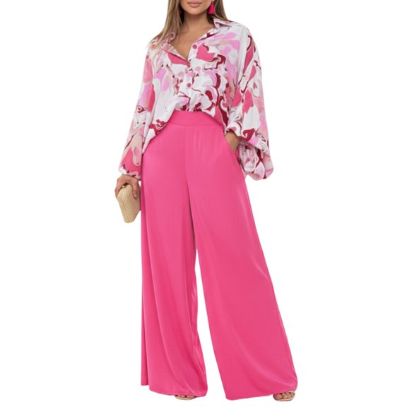 Hemousy 2 Piece Womens Outfit Floral Print Boho Lantern Sleeve Button Down Blouse and Wide Pants for Beach Vacation capable