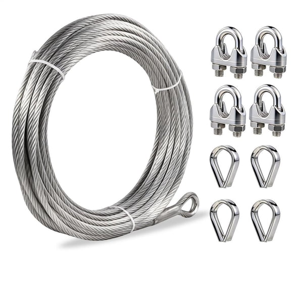 Hemousy 3/8 Stainless Steel Wire Rope 100FT, 7x19 Strands Cable with 12000 lbs Breaking Strength, Marine Grade Cable with M10 Clips, Thimbles Ends for Zipline Deck Railing